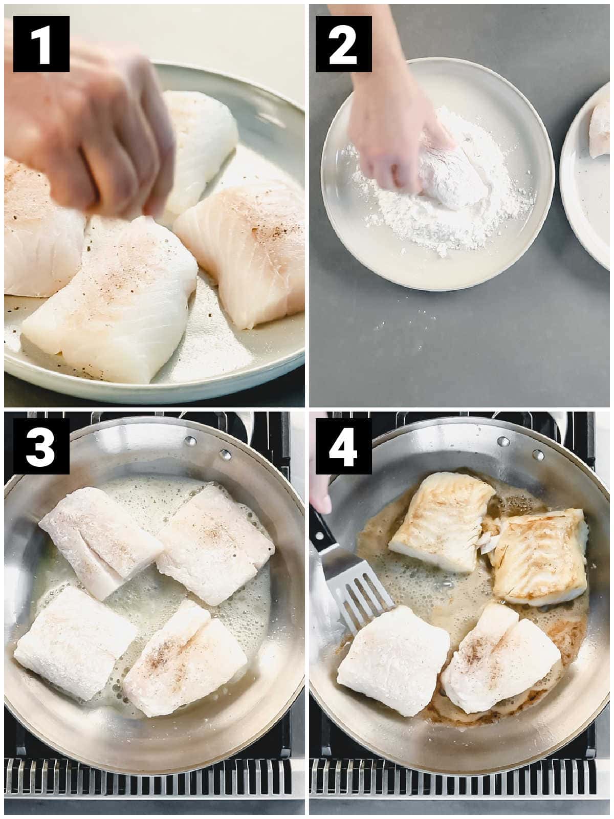 the step by step photos for this technique: seasoning the fish, dredging it, sauteeing it and flipping the pieces of fish over with a spatula