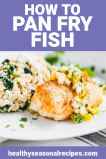 pan fired fish on a white plate with text overlay