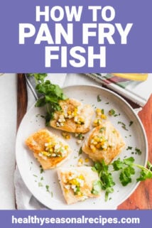 pan fired fish on a white plate with text overlay