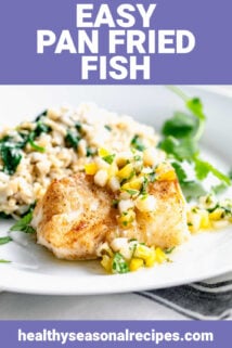 pan fired fish on a white plate with text overlay