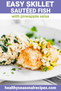 pan fired fish on a white plate with text overlay