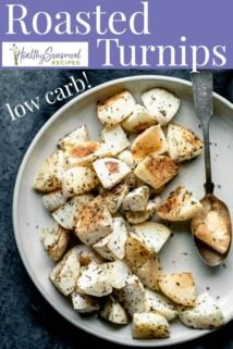 An overhead of a platter of roasted turnips with text overlay