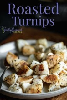 a side view of roasted turnips with text overlay