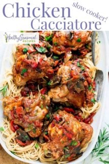 A platter of cacciatore with pasta with text overlay