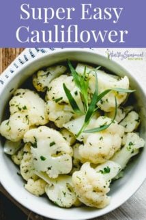 Overhead of white bowl with steamed cauliflower with purple text overlay