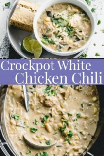 a collage of chicken chili in a bowl and in a slow cooker with text overlay
