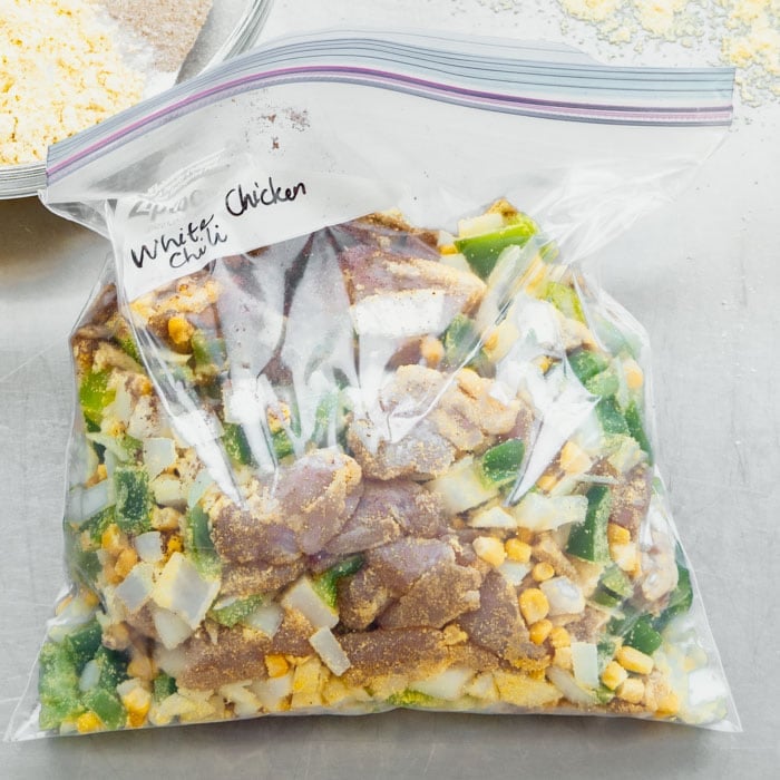 White Chicken Chili freezer kit in a gallon ziplock bag