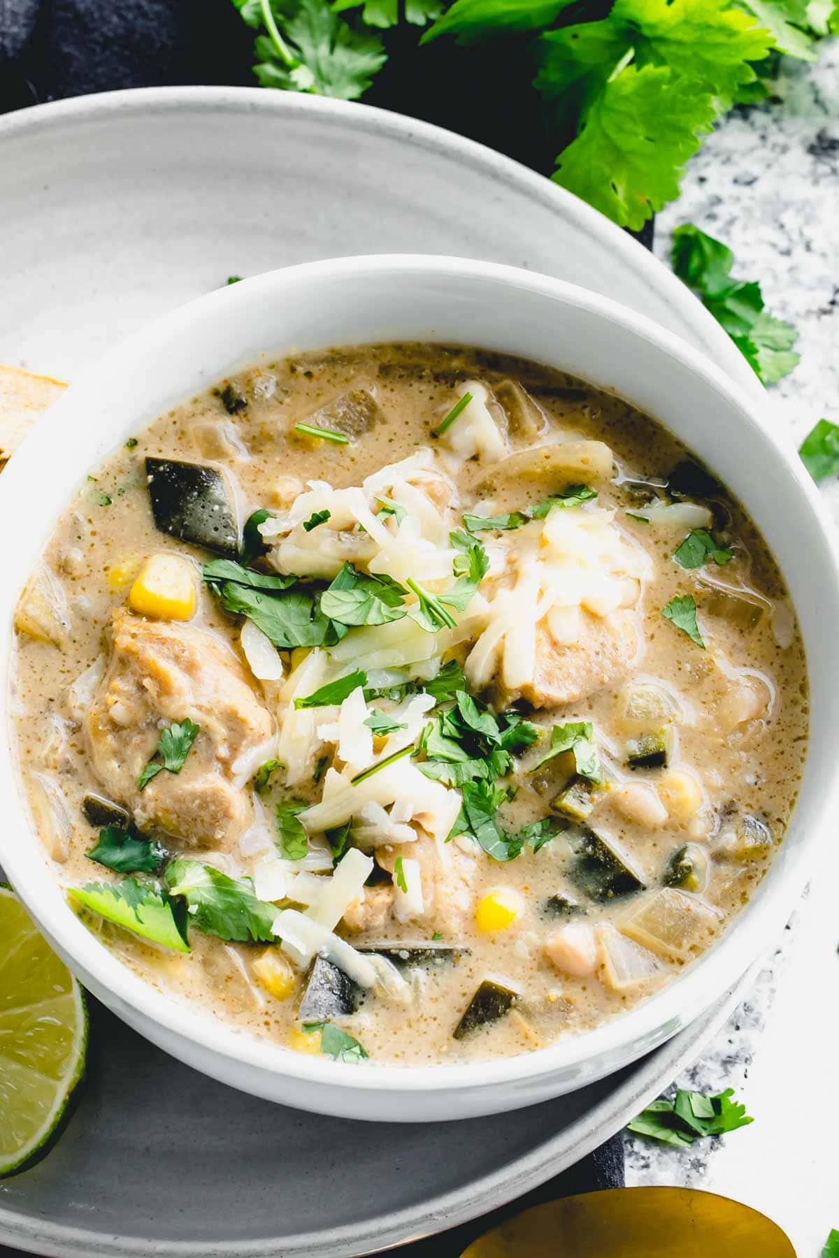 bowl of white chili from overhead