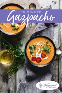 two bowls of gazpacho overhead with text overlay