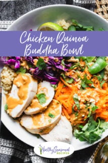 Buddha bowl overhead with peanut dressing