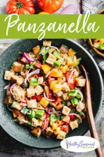 bread salad with tomatoes and text overlay