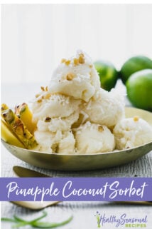 scoops of pineapple sorbet in a gold dish