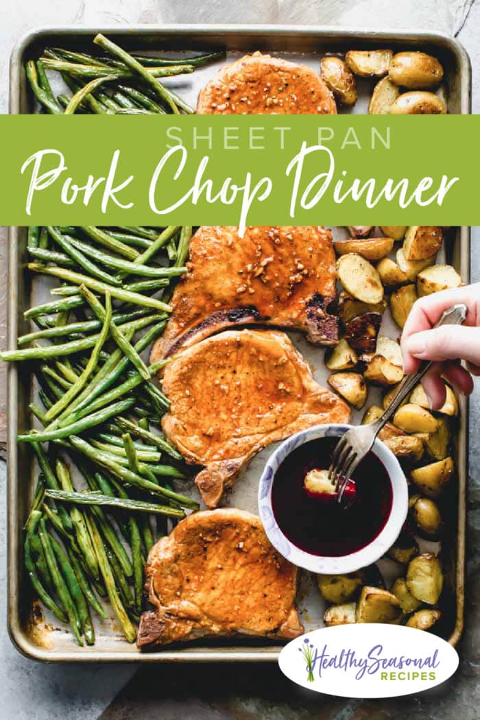 overhead sheetpan pork chop dinner with text