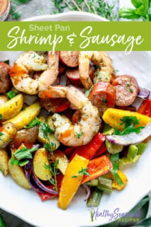 Shrimp and sausage overhead plated with text