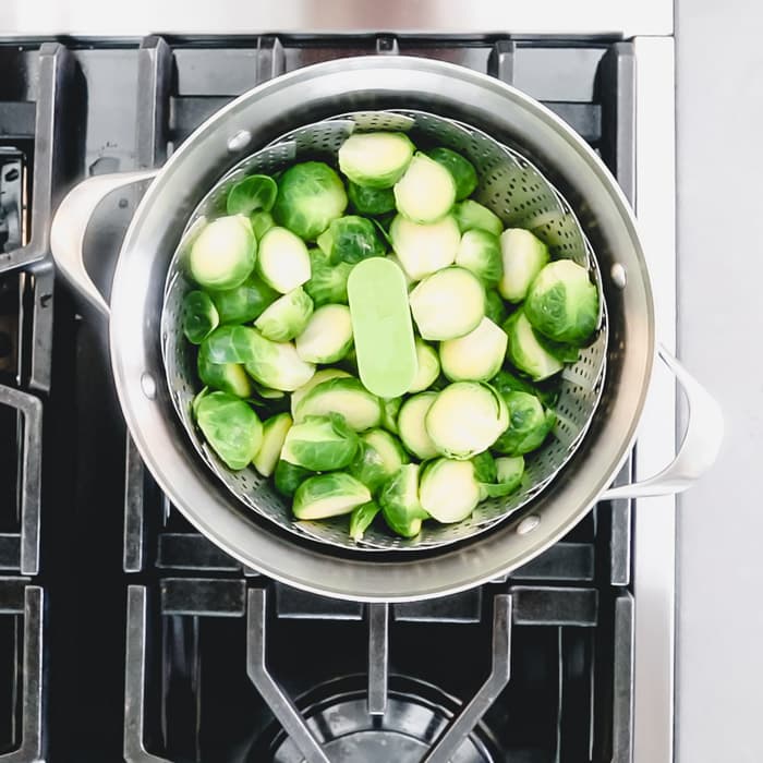 Brussels sprouts in the steamer basket