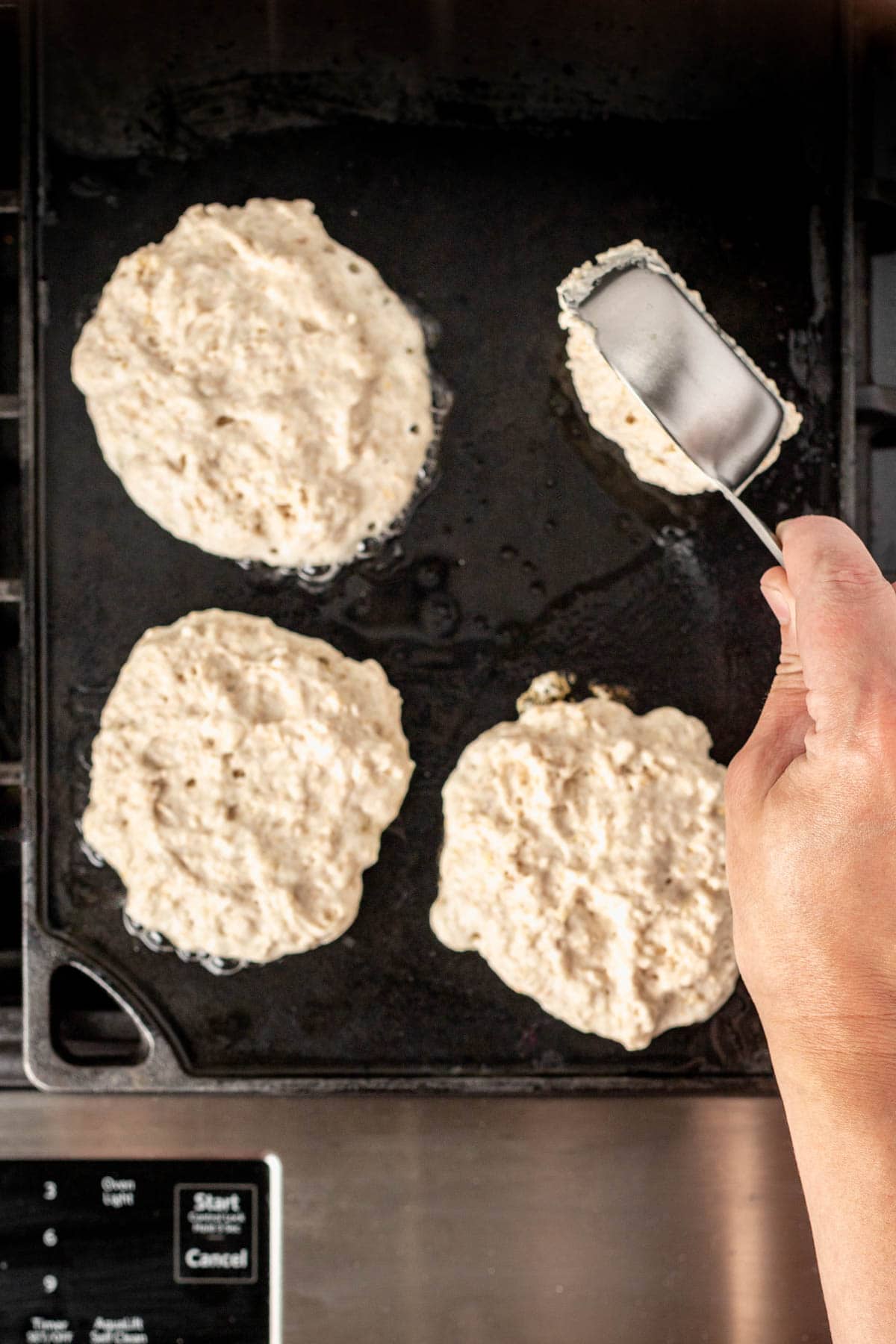 portioning batter onto the griddle