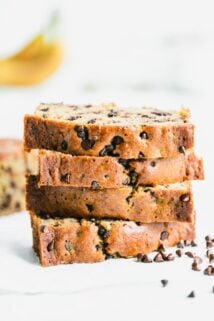 Chocolate chip banana bread slices stacked up