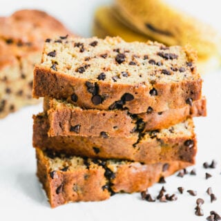 close up of a stack of slices of banana bread