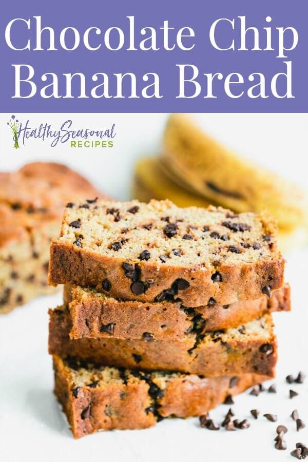 Chocolate chip banana bread slices stacked up.