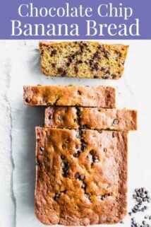 Chocolate Chip banana bread loaf and slices from overhead with text overlay