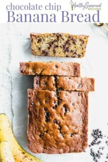 banana bread loaf and slices from overhead with text overlay