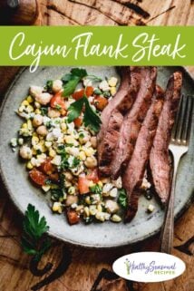 Grilled steak, sliced on a plate with side dishes and text overlay