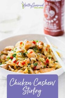 a bowl of stir fry with sriracha bottle with text overlay