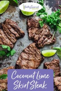 skirt steaks, grilled on a baking sheet with text overlay