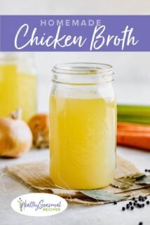 jars of chicken broth with carrots, onions and celery on the work table)