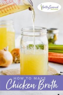 pouring broth into jars with carrots, onions and celery on the work table)