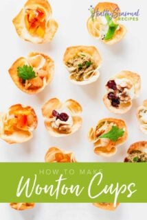 wonton cups with various fillings on a white background with text overlay