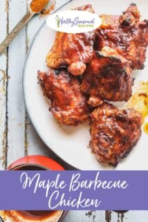 Maple Chicken Thighs on a white plate with a blue rim