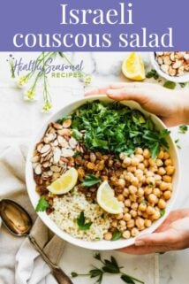 text overlay on top of israeli couscous salad