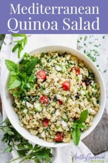 Mediterranean Quinoa Salad overhead with text overlay