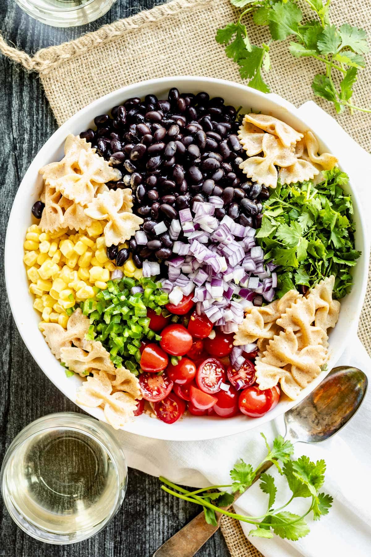 the pasta salad before it is stirred together