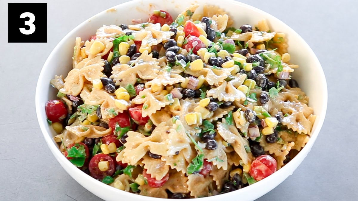 the pasta salad after it is stirred together