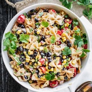 A bowl of Pasta with beans and corn