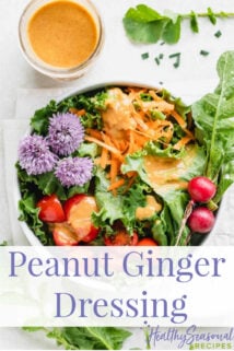 Colorful salad with dressing poured over it with text overlay