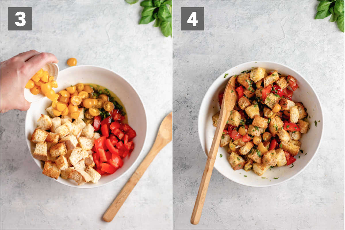 add the tomatoes and bread and then let them soak the juices up for 10 minutes