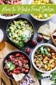 Fruit salsas in bowls with chips
