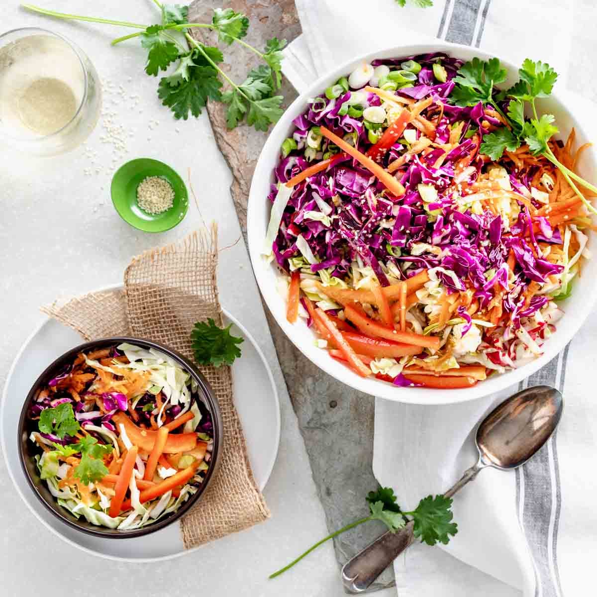 the coleslaw in two bowls from overhead
