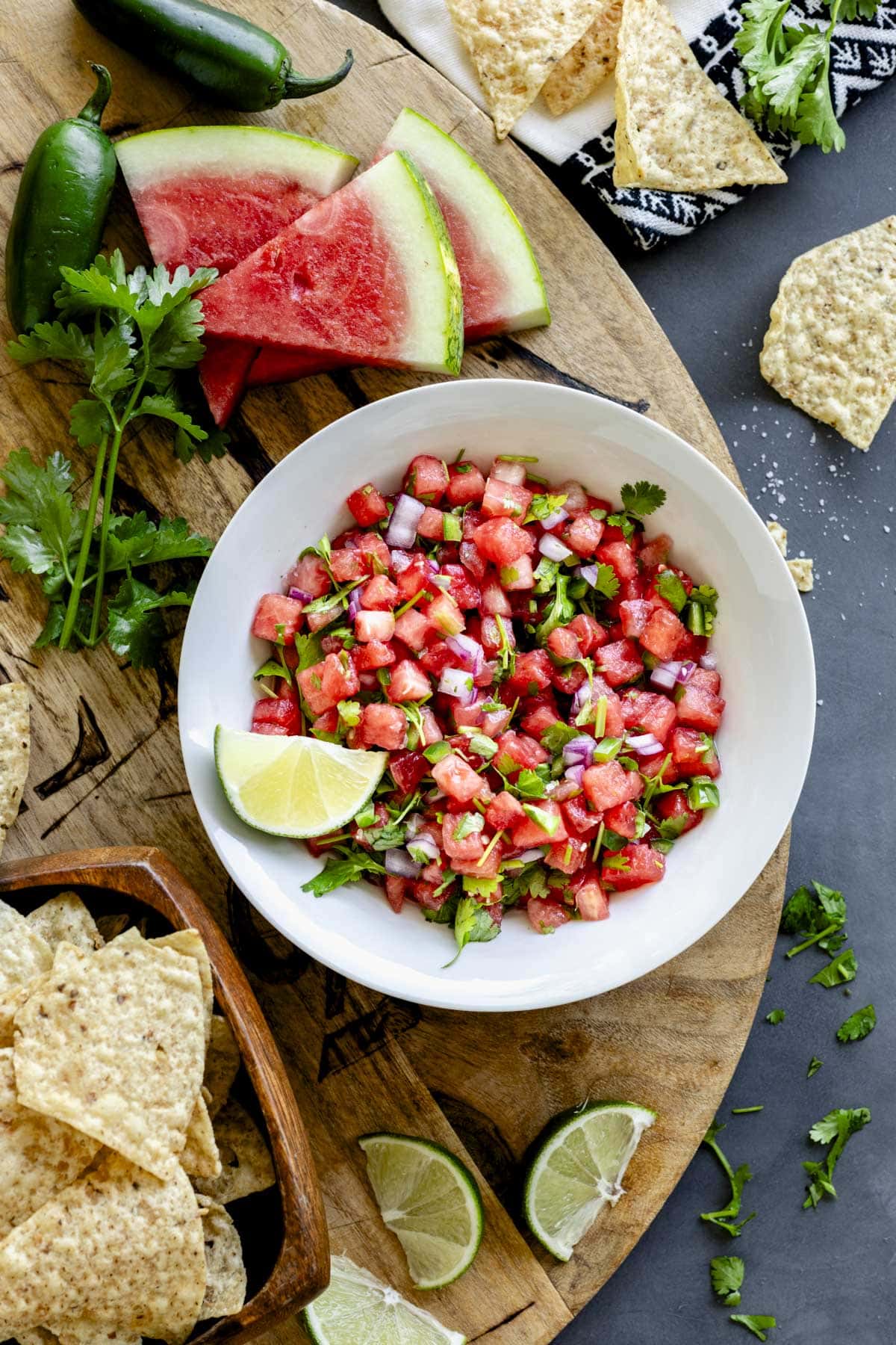 Watermelon salsa overhead with slices of watermelon