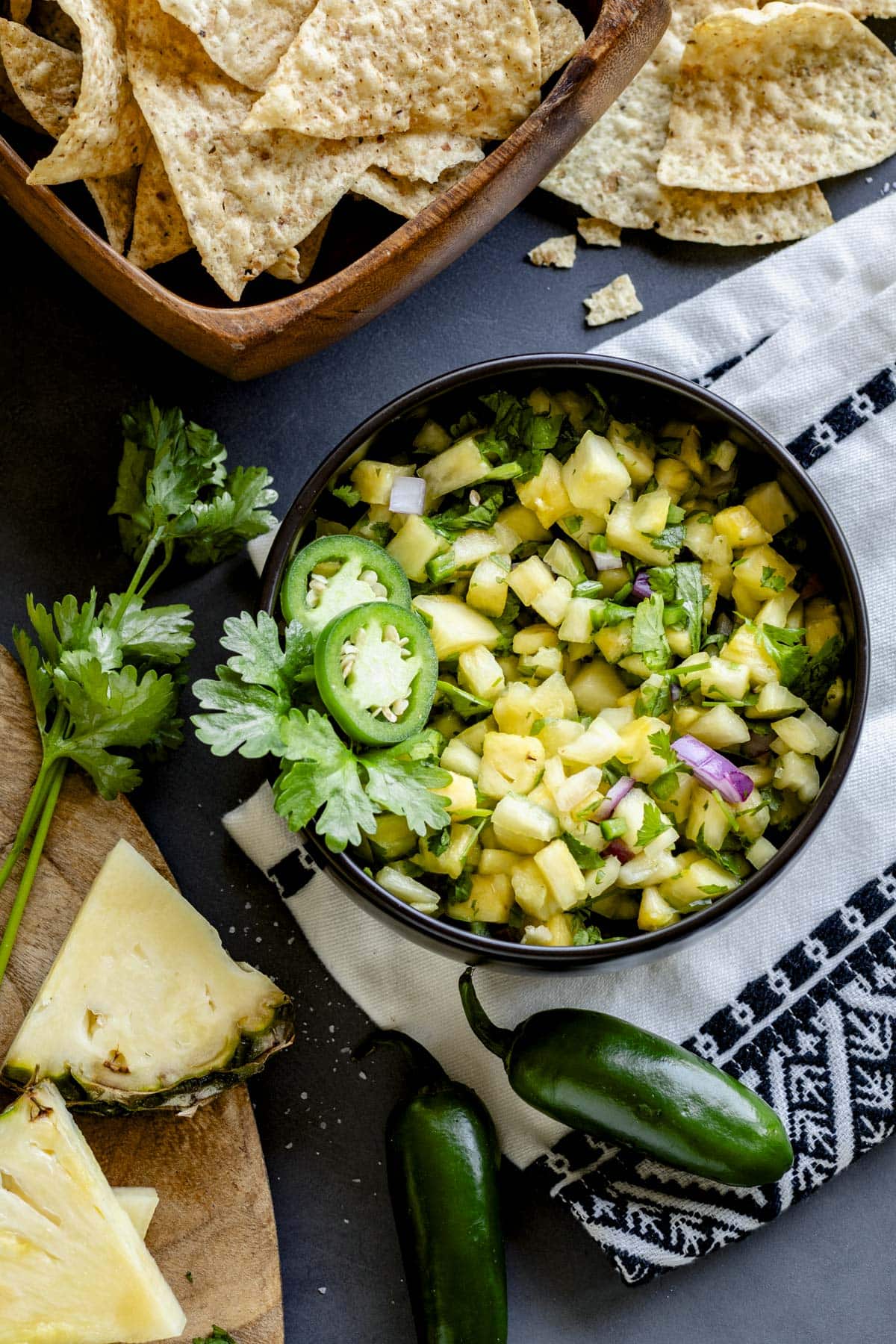 pineapple salsa on a table from overhead