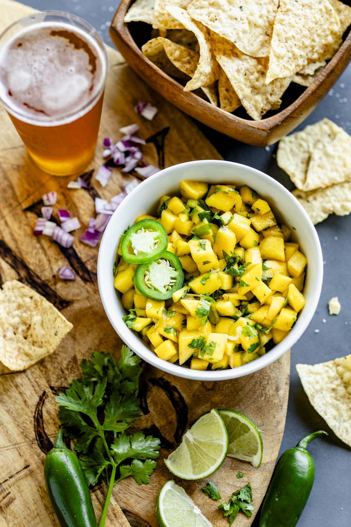 mango salsa, beer and chips
