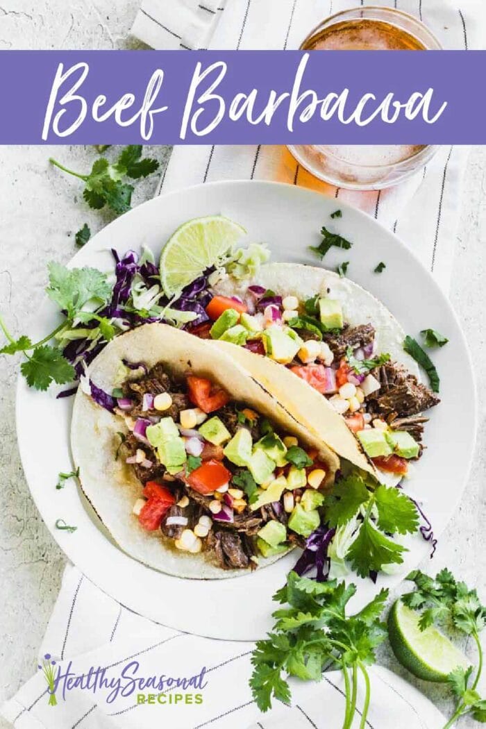 overhead view of beef barbacoa tacos with corn relish