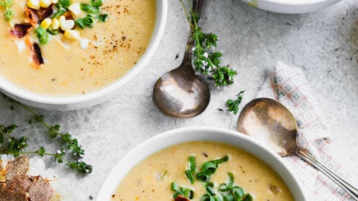 Three bowls of chowder.