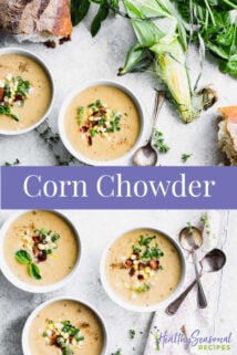 Corn chowder with text overlay