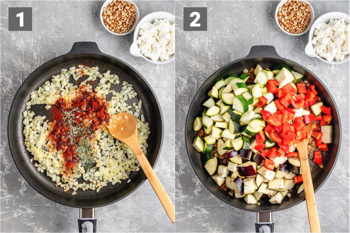 adding the spices to the onions and garlic and then adding in the veggies