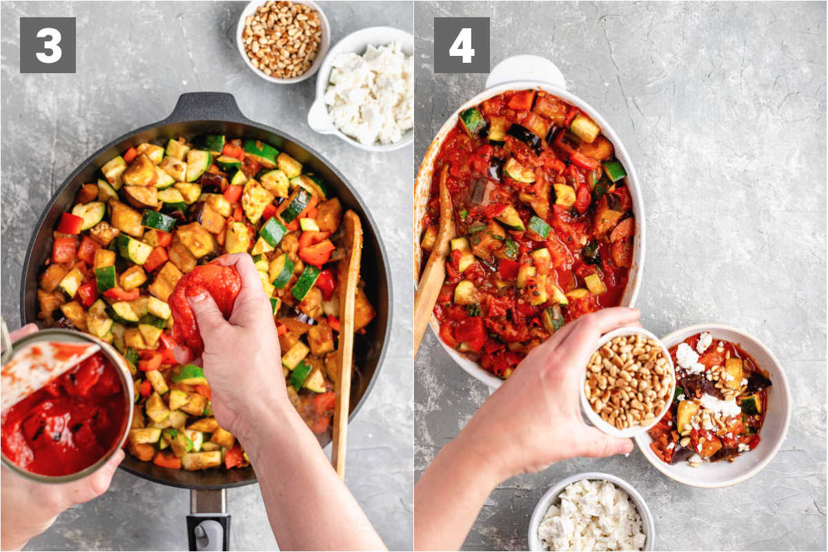 crush the tomatoes in and the finish with herbs and optional toppings