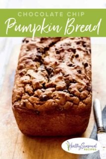loaf of pumpkin bread from three quarters angle on a cutting board with a knife with text overlay.